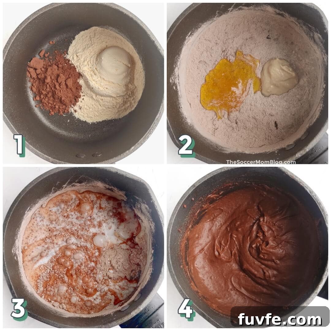 4 step photo collage showing how make chocolate hummus in a saucepan