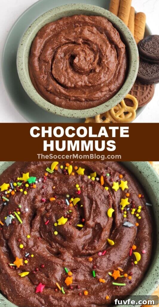 vertical Pinterest collage of chocolate hummus recipe