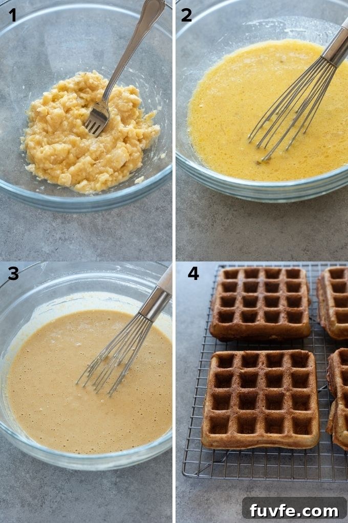Fluffy Gluten-Free Banana Oat Waffles Recipe 5 Process photo collage showing how to make banana waffles with oat flour.