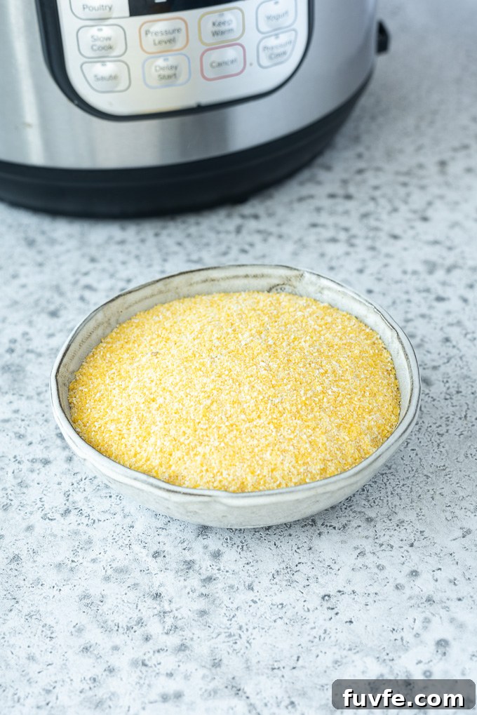 Uncooked polenta in a bowl next to Instant Pot
