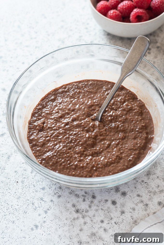 Decadent Chocolate Chia Seed Pudding Recipe 6 Chocolate chia pudding in a mixing bowl with a spoon