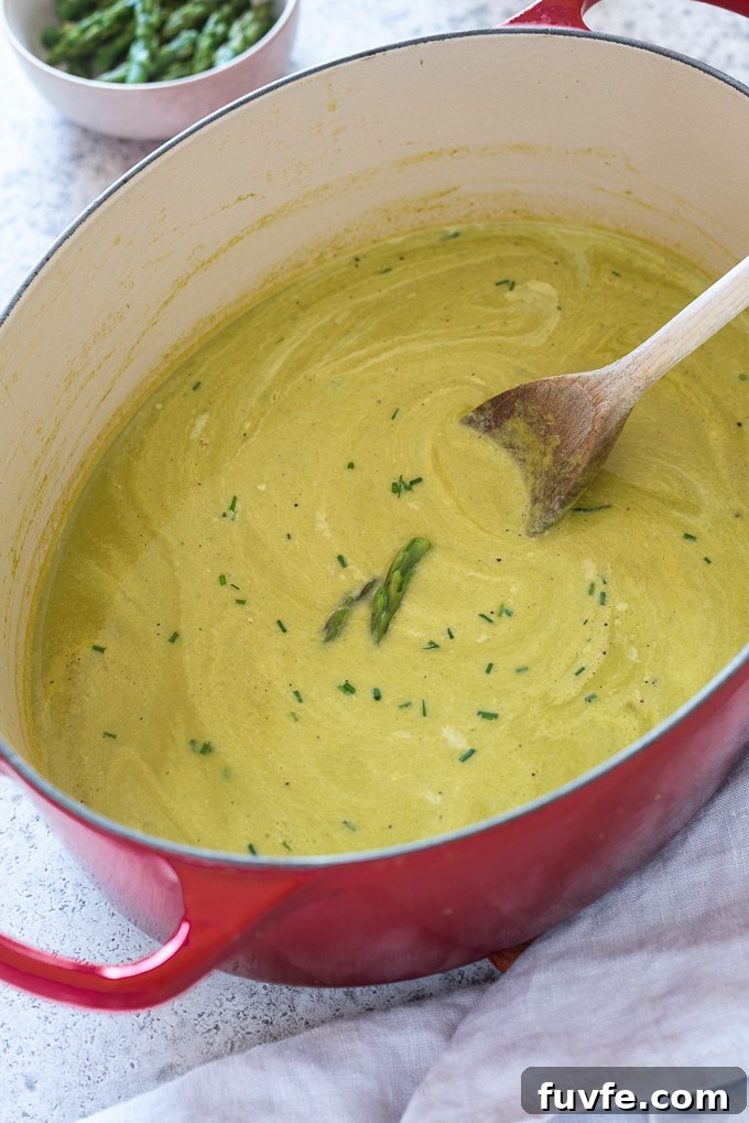 Asparagus leek soup in a dutch oven