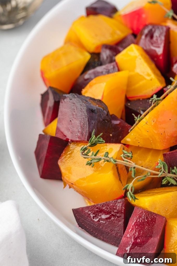 Roasted beets on a platter with thyme spring
