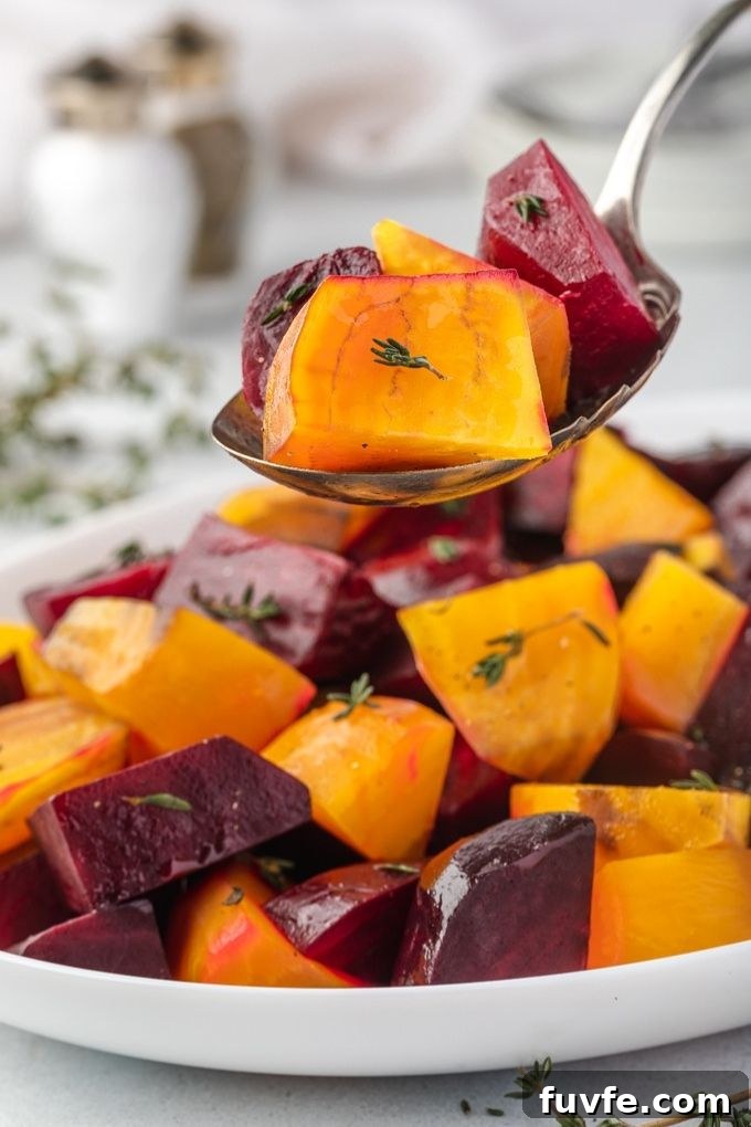 Spoonful of roasted beets over a serving plate