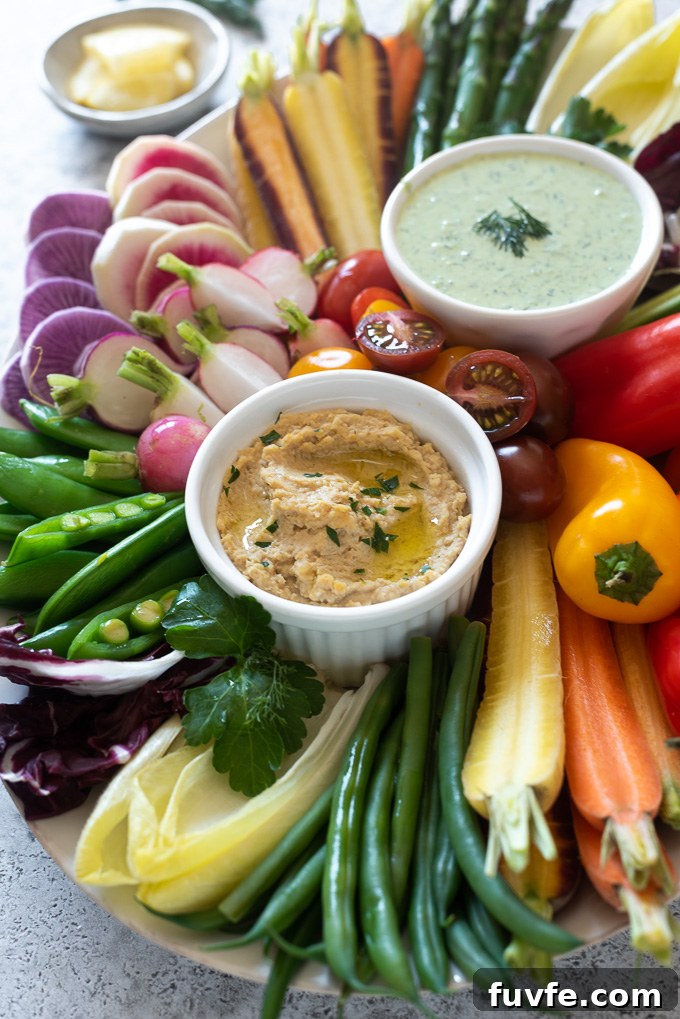 Crudite platter with veggies, hummus and green goddess dressing
