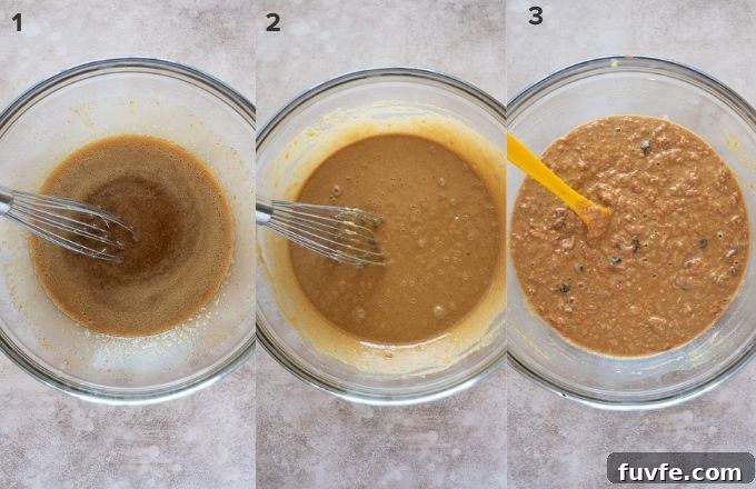 Photo collage showing how morning glory muffin batter is prepared.