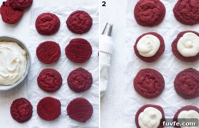 Assembling red velvet whoopie pies.