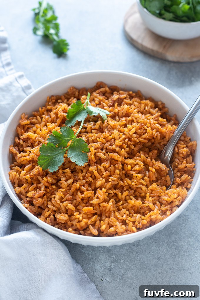 Spoon dug into bowl of Mexican rice