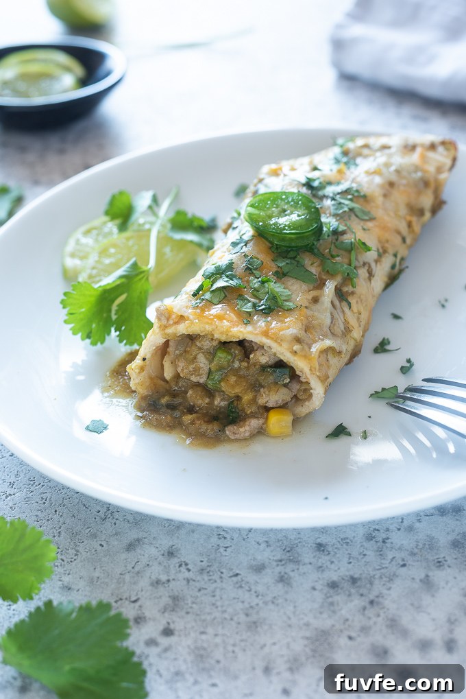 Ground turkey enchilada with green sauce on a plate