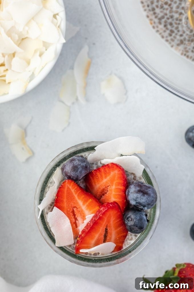 Chia seed pudding with berries and coconut on top