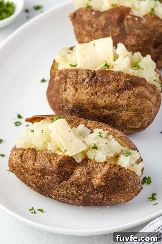 Crispy Air Fryer Baked Potatoes 3 Air fryer baked potatoes on a platter with butter and parsley