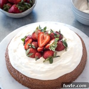 Almond flour cake topped with strawberries and whipped cream