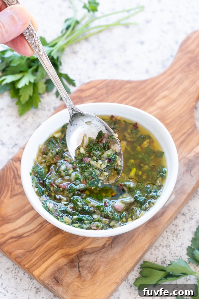 Spoonful of chimichurri sauce