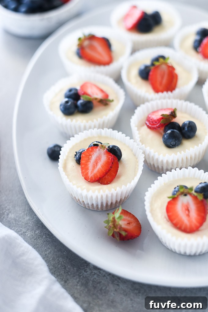 Mini No-Bake Cheesecake Bites Recipe 6 No bake mini cheesecakes on a platter with berries