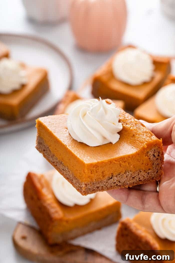 Pumpkin Gooey Butter Cake Recipe — Decadent Fall Dessert 3 Hand holding up a slice of pumpkin gooey butter cake topped with a dollop of whipped cream.
