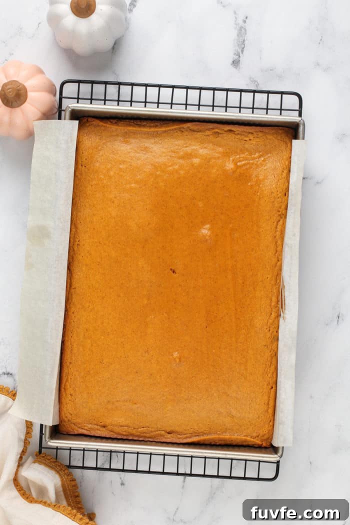 Pumpkin Gooey Butter Cake Recipe — Decadent Fall Dessert 10 Baked pumpkin gooey butter cake cooling on a wire rack.