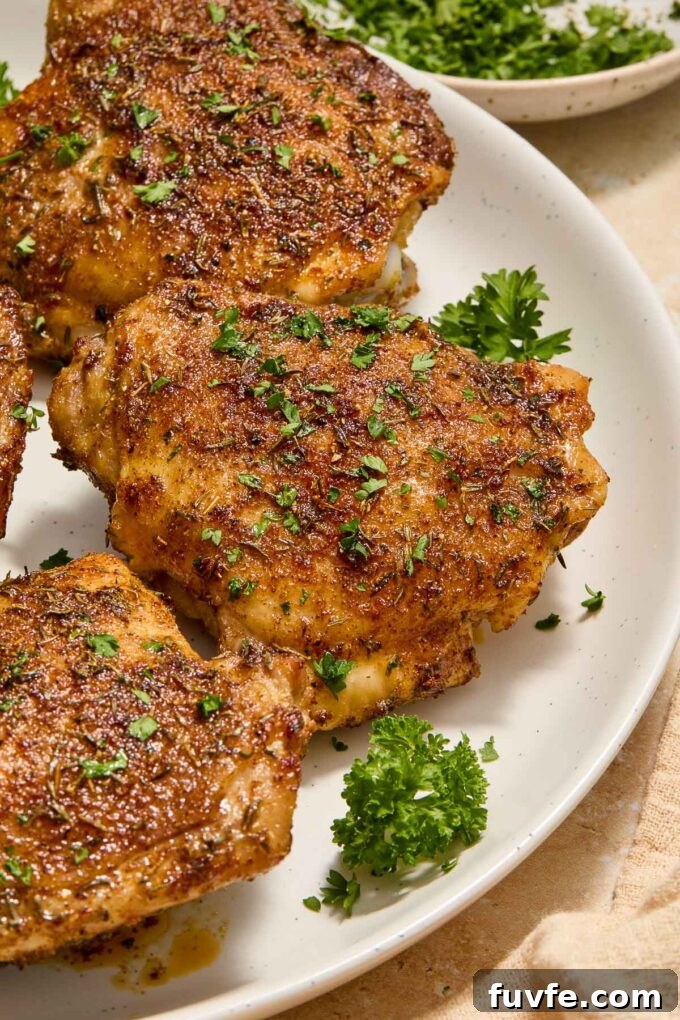 Air fryer chicken thighs on a plate with parsley.