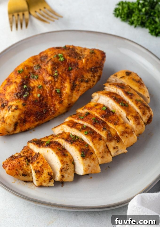 Air fryer chicken breast sliced on a plate