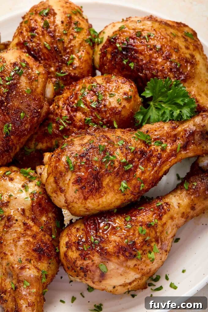 Air fryer chicken drumsticks on a plate with parsley