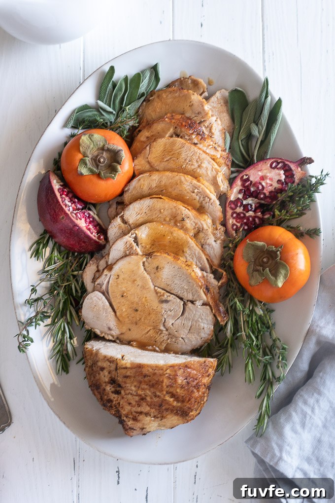 How to Roast a Juicy Boneless Turkey Breast 8 Roasted boneless turkey breast sliced with gravy