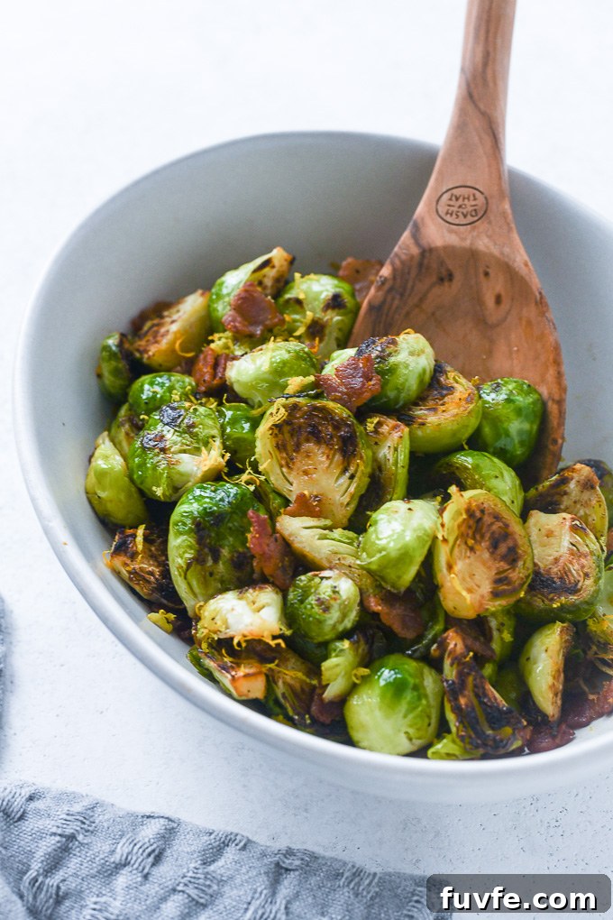 Crispy Roasted Brussels Sprouts with Bacon 3 Brussels sprouts with bacon in a serving dish