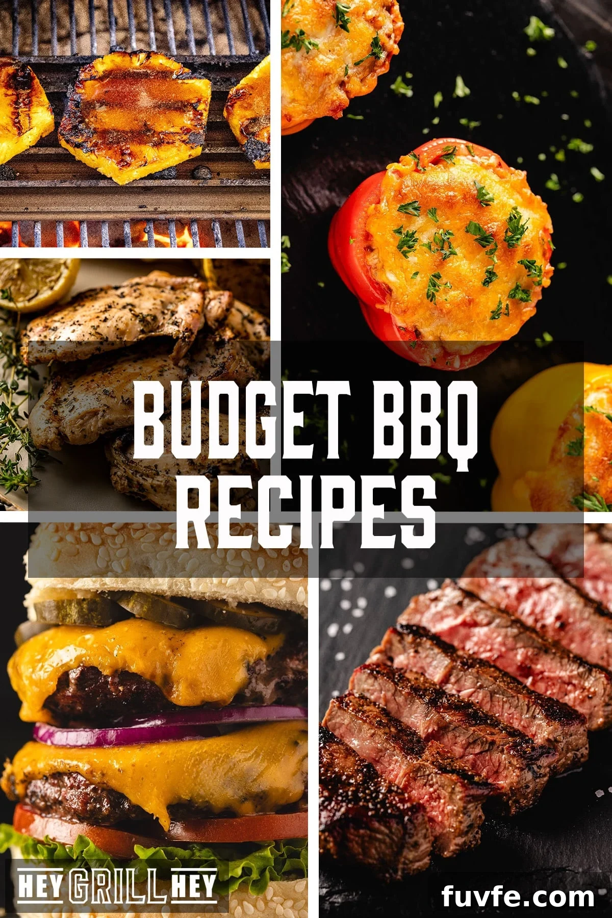 A collage of budget BBQ recipes featuring sirloin steak, grilled chicken thighs, stuffed peppers, and a classic cheeseburger.