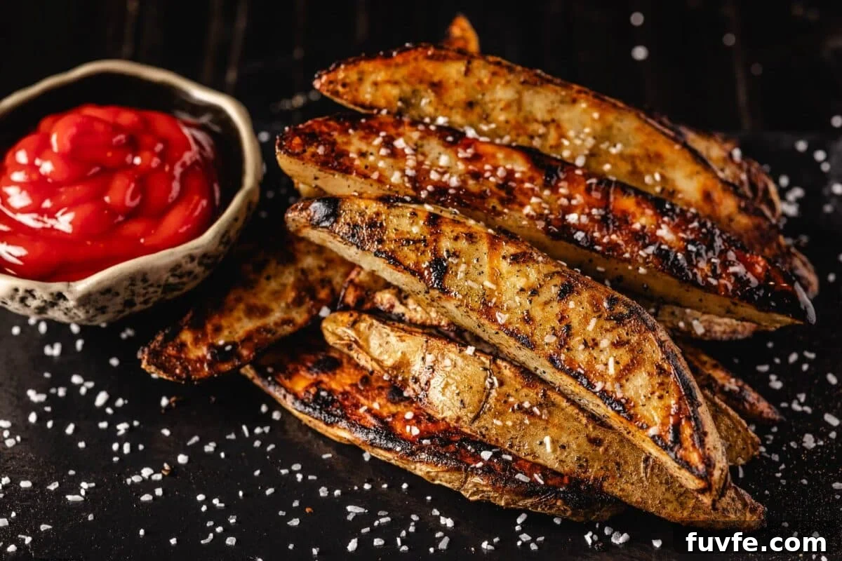 Grilled potato slices on serving platter with bowl of ketchup.