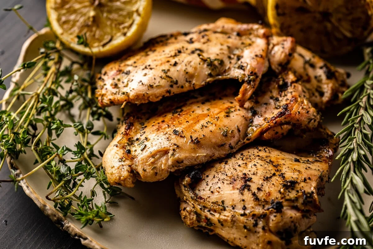 Three grilled chicken thighs in a pile next to fresh herbs.