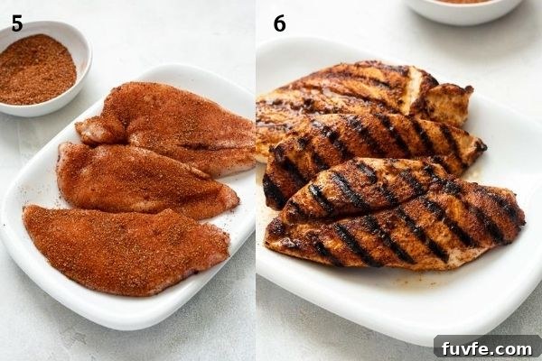 Smoky Homemade BBQ Chicken Rub for Juicy Grilled Chicken 5 BBQ rubbed chicken breast before and after cooking