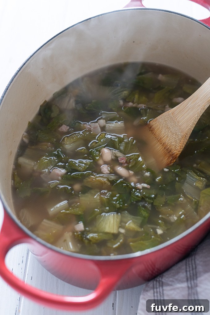 Escarole and bean soup in a dutch oven