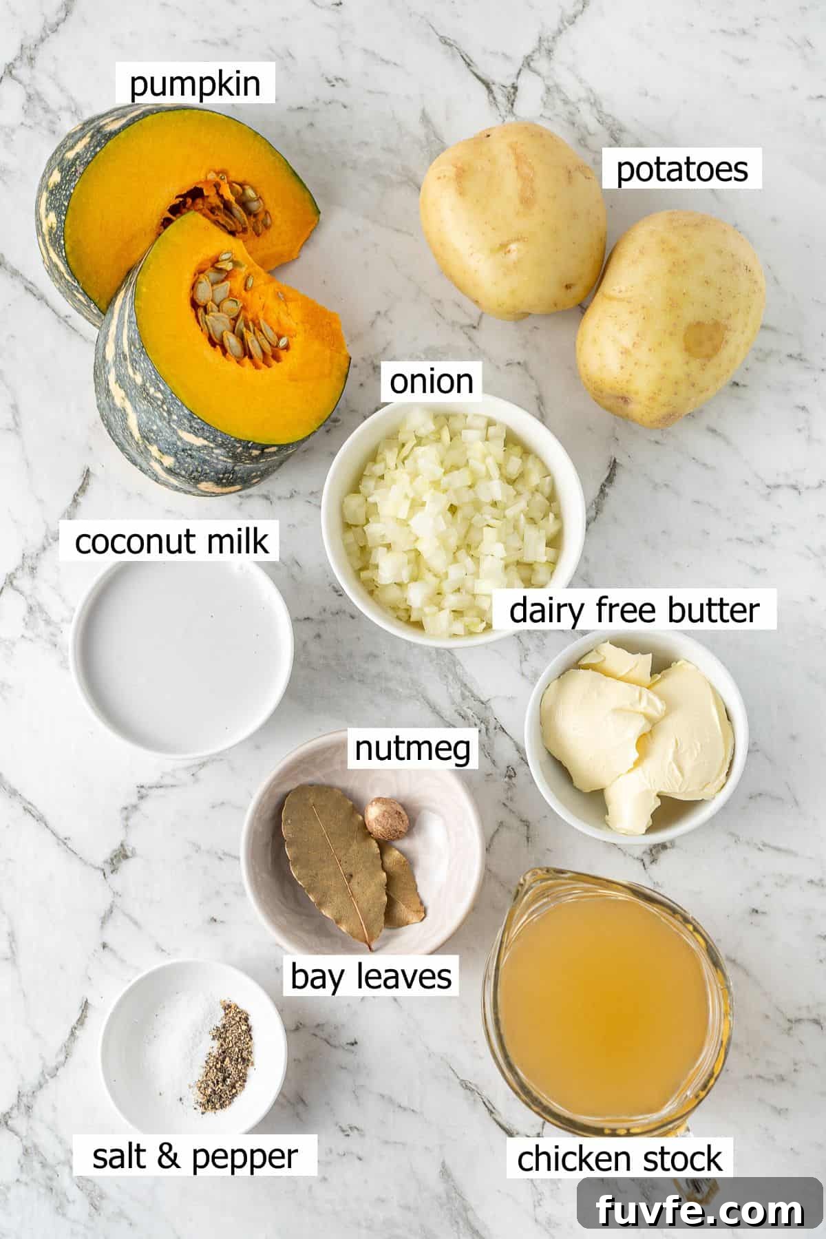 Grandma’s Creamy Pumpkin Soup Recipe 3 All ingredients needed to make dairy free pumpkin soup laid out in small bowls.