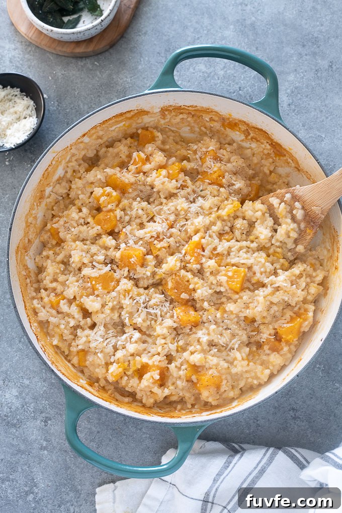 Pot of baked risotto with butternut squash