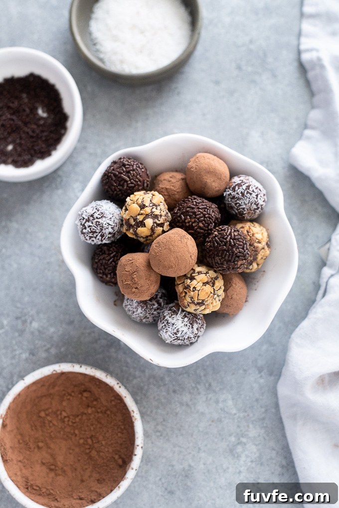 Dark chocolate truffles in a white bowl