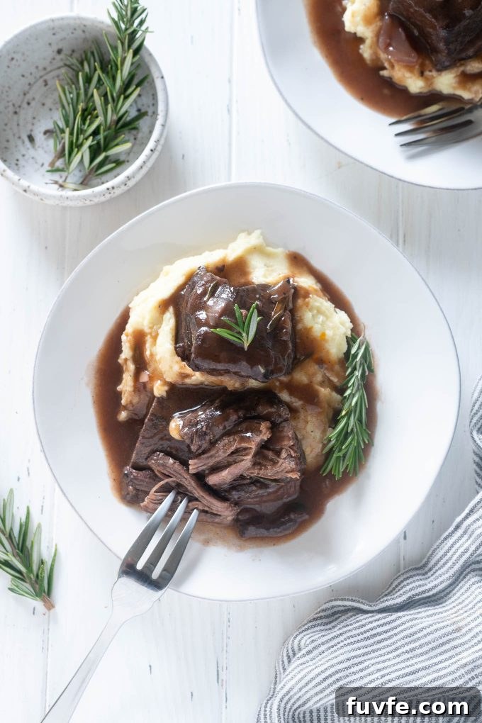 Red wine braised short ribs on a plate with fork pulling meat