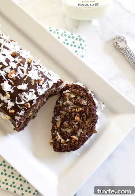 Close up of slice of German chocolate roll cake
