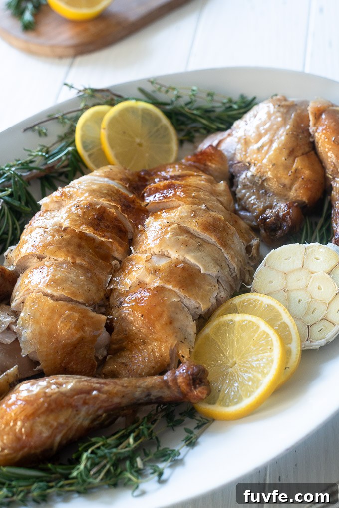 Roasted Lemon-Garlic Chicken with Crispy Skin 7 Roasted chicken on a platter with lemon, garlic and rosemary
