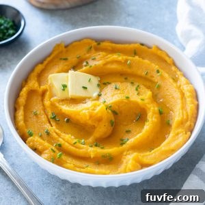Mashed butternut squash in a bowl