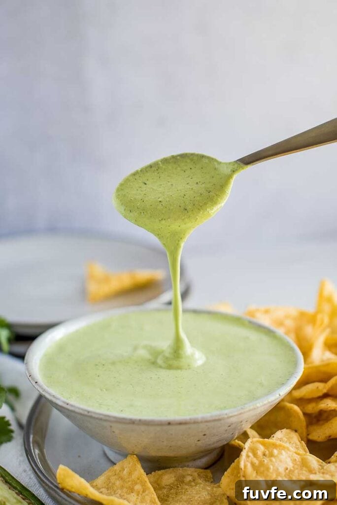 Creamy Jalapeno Sauce in a bowl with spoon surrounded by chips
