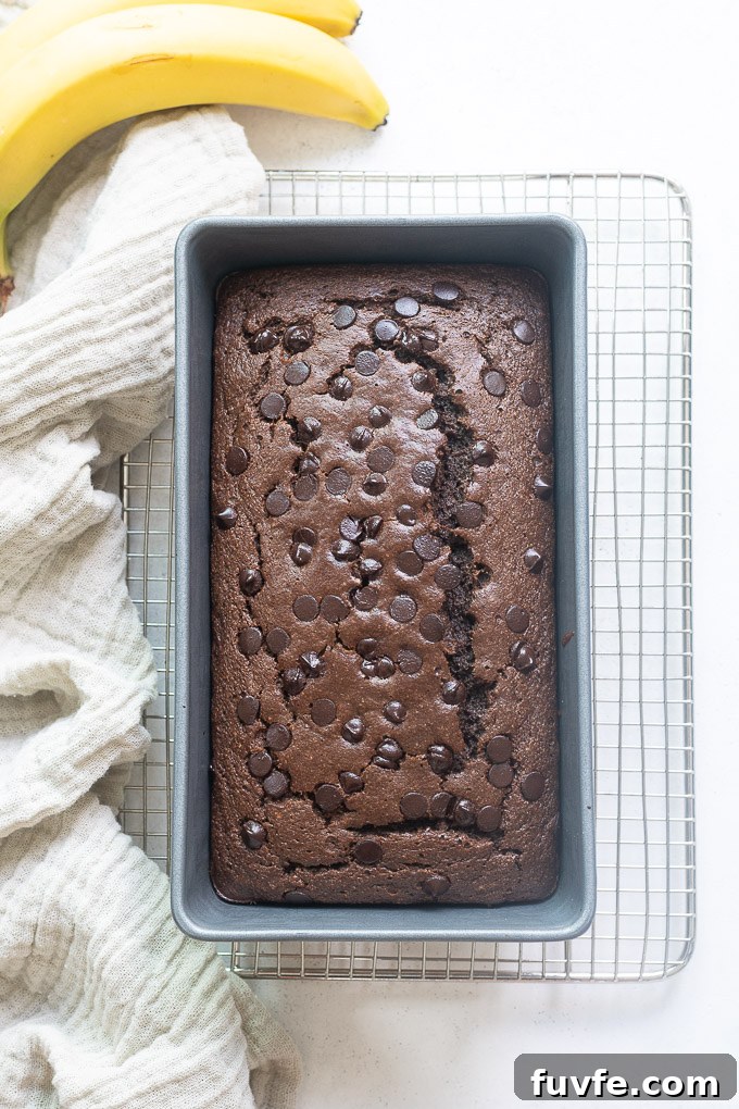 Double chocolate banana bread in loaf pan on a wire rack
