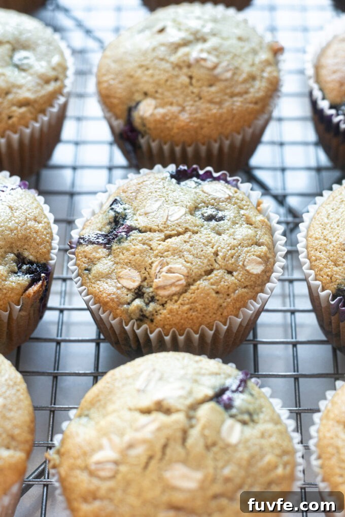 Gluten-free blueberry oatmeal muffins on a wire rack.