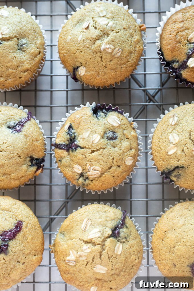 Blueberry oat muffins on a wire rack with rolled oats on top.