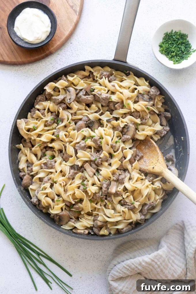 one pot ground beef stroganoff in skillet