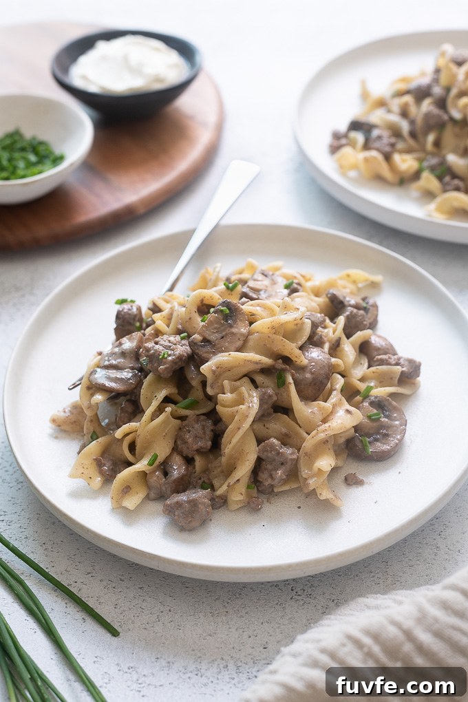 One pot beef stroganoff on a plate with a fork