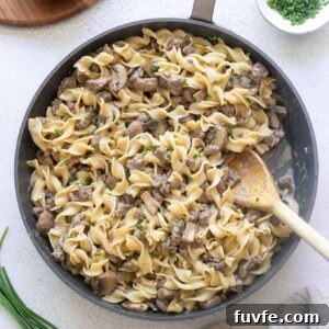 one pot ground beef stroganoff in skillet