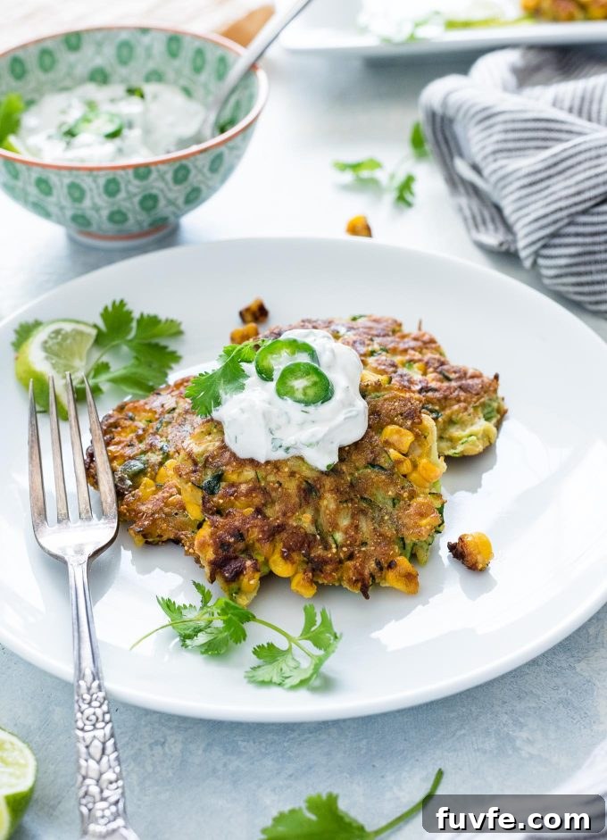 How to Make Crispy Zucchini Fritters 2 zucchini fritters on a plate topped with yogurt