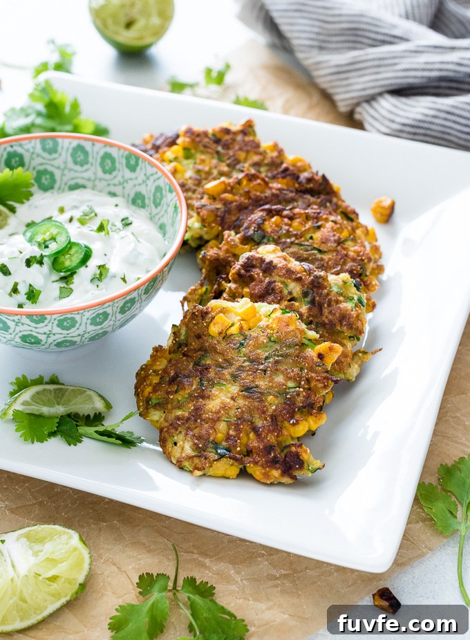 Zucchini fritters on a platter with a bowl of cilantro lime yogurt
