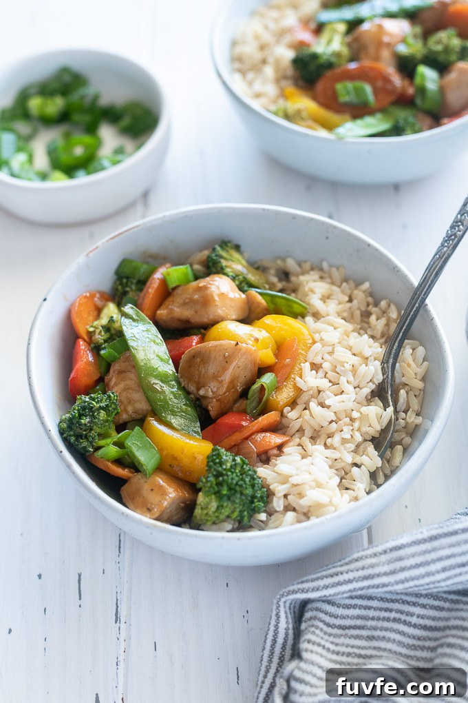 Chicken and vegetable stir fry over rice in a bowl