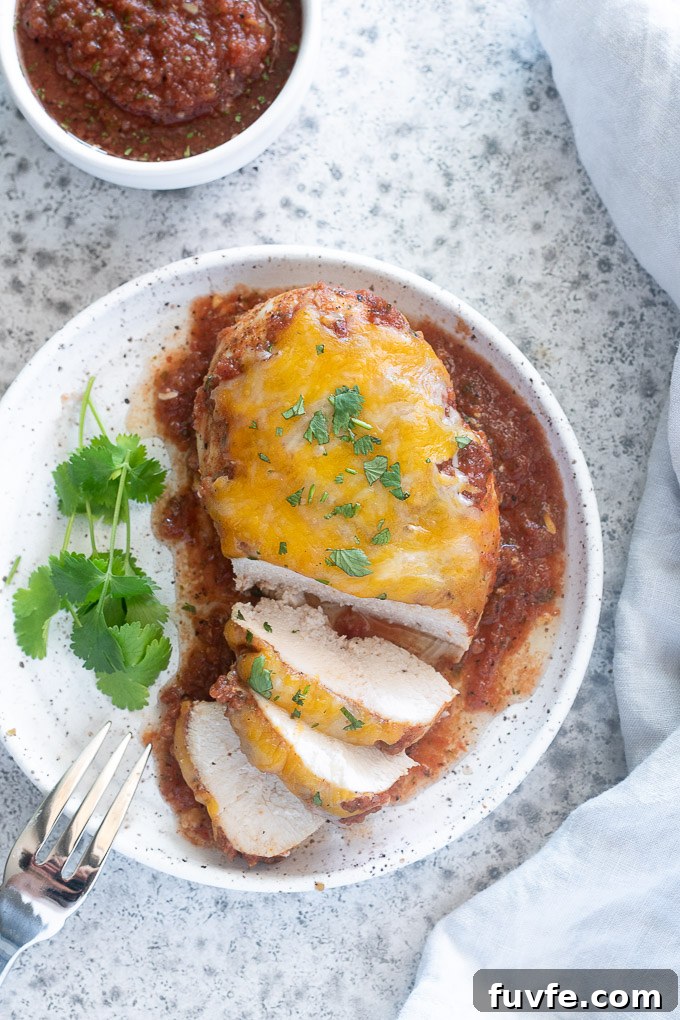 Baked salsa chicken partially sliced on a plate