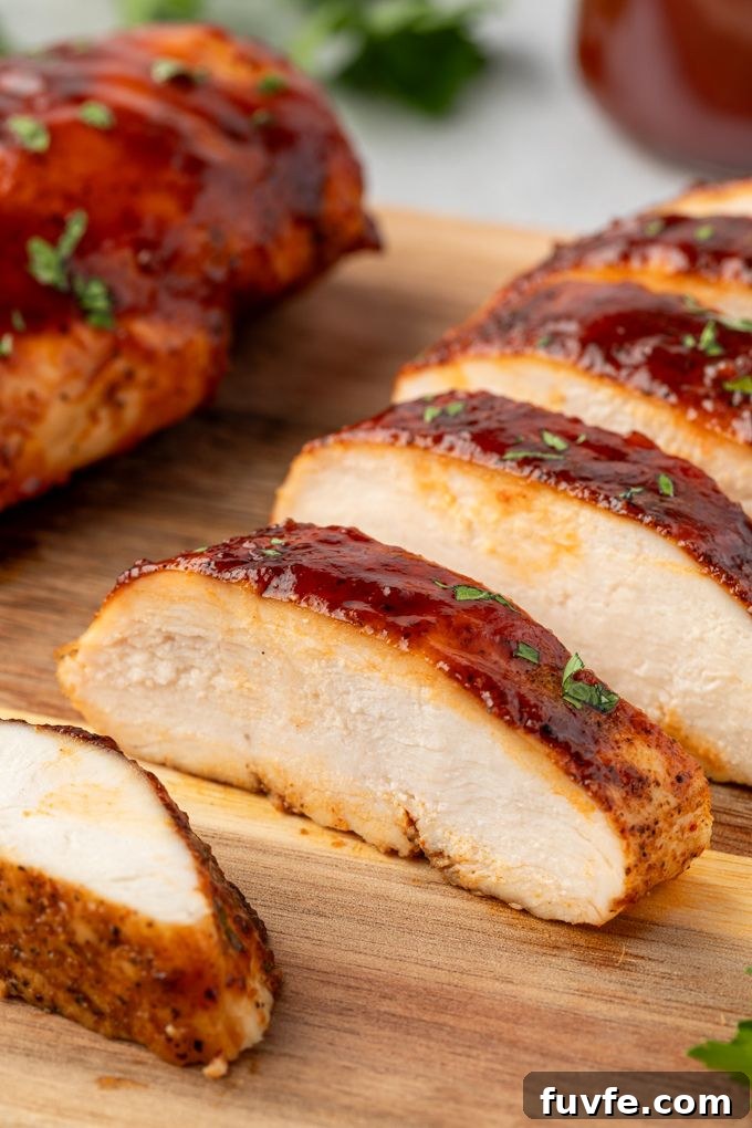Air Fryer BBQ Chicken Recipe: Crispy and Juicy 3 Air fryer bbq chicken breast sliced on a cutting board