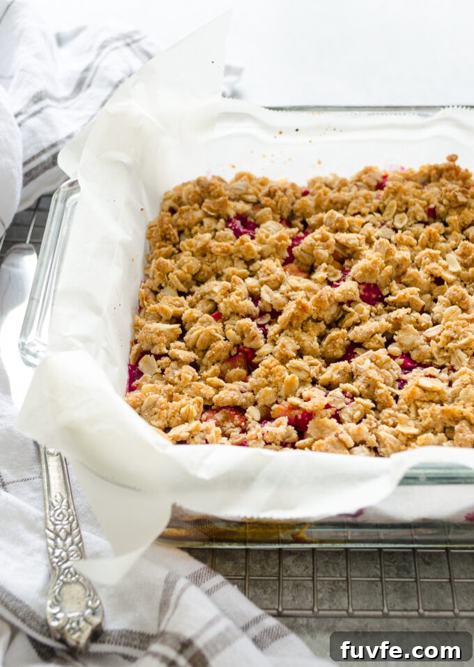 Raspberry Rhubarb Bars with Oat Crumble 4 Raspberry rhubarb bars in baking dish.